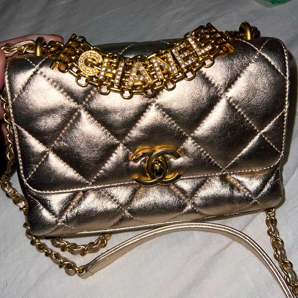 CHANEL Handbags - CHANEL (SOLD)Crystal Logo Letters Chain Handle Flap Quilted Lambskin Mini💎